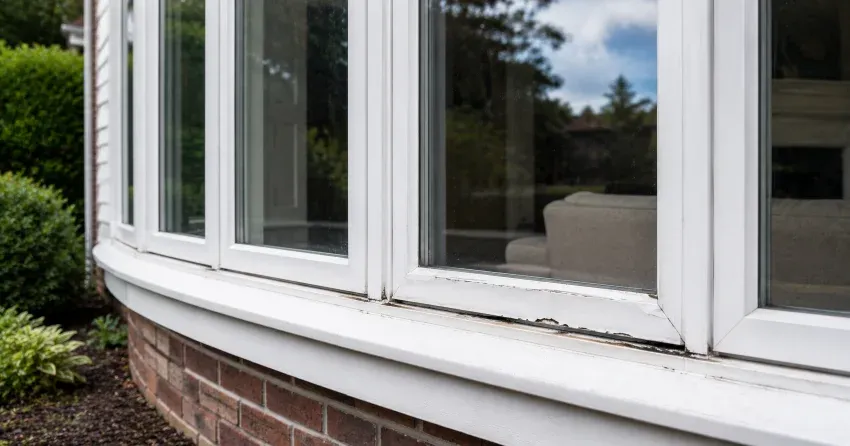 technician inspecting bow window frame and seal for damage in Collingwood