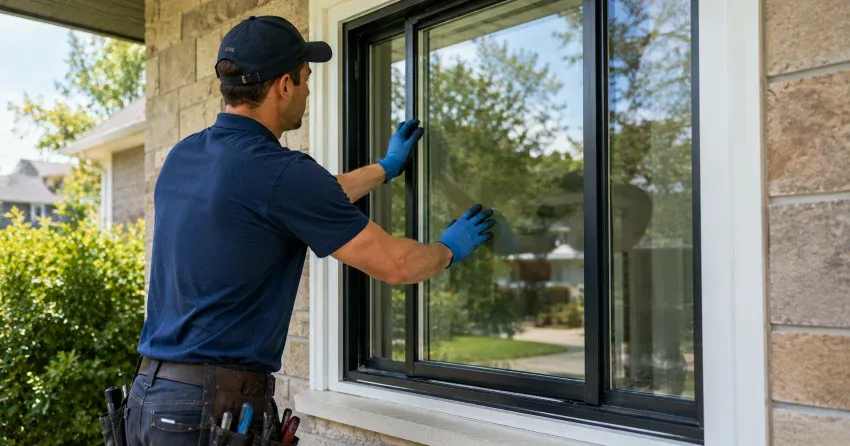 technician measuring a broken window pane for replacement in Collingwood