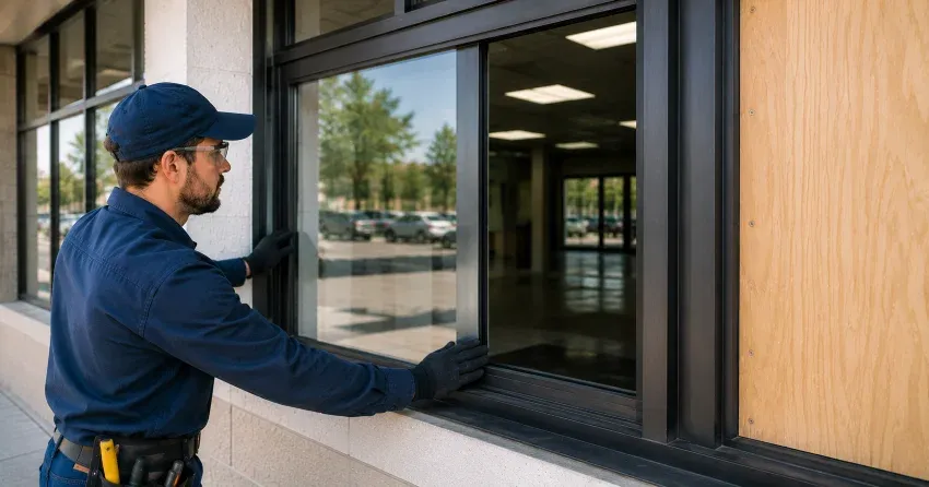 technician boarding a broken window after a break-in in Rupert