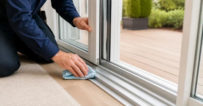 technician inspecting a sliding patio door track in Rupert