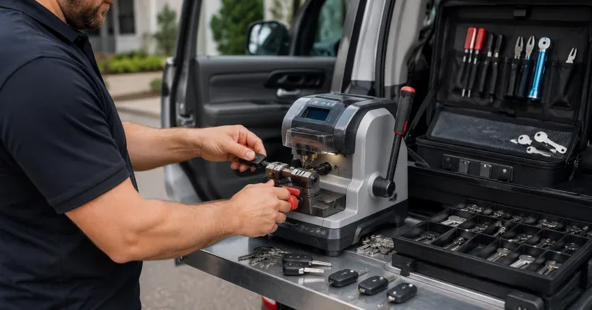 technician cutting a replacement car door lock key in Blue Shores, Collingwood