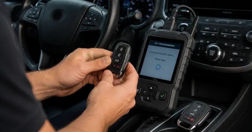 technician inspecting a worn car key before replacement in Collingwood