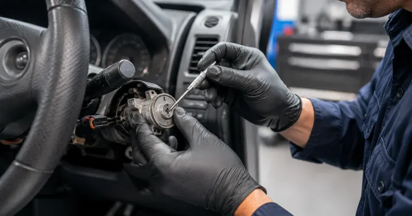 technician diagnosing an ignition lock repair issue in Blue Shores, Collingwood