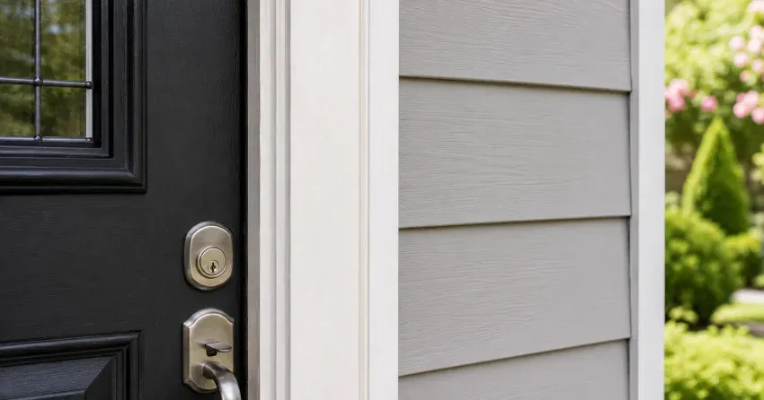 technician inspecting door jamb behind cracked casing in Collingwood home