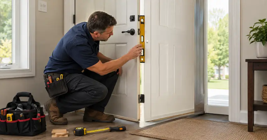 technician diagnosing a misaligned door frame in Georgian Meadows, Collingwood