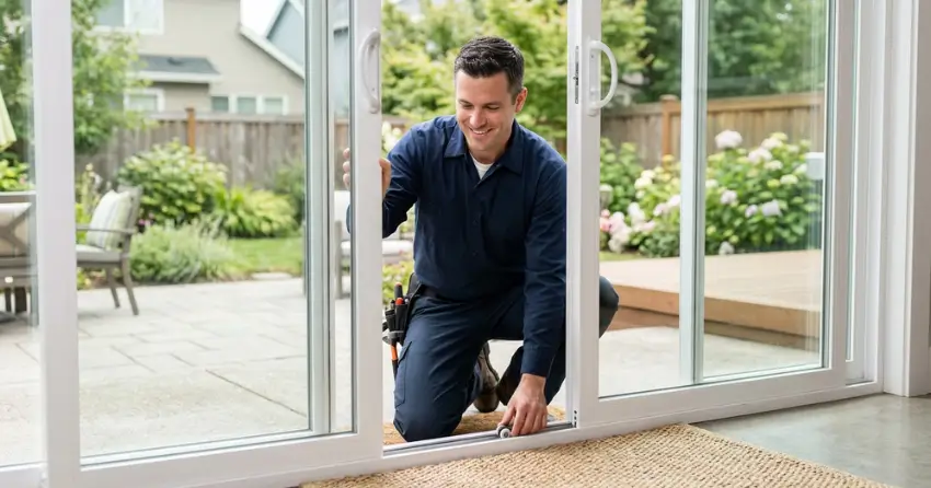 technician diagnosing a sticking patio door in Lockhart Meadows, Collingwood