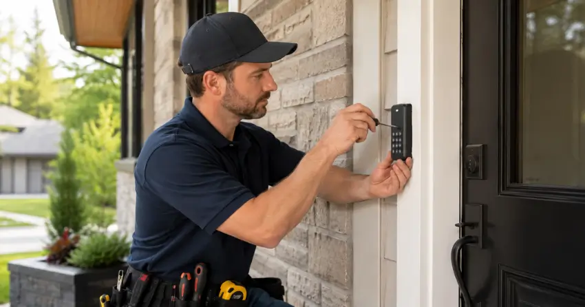 Technician installing an access control system keypad beside a residential front door in Collingwood