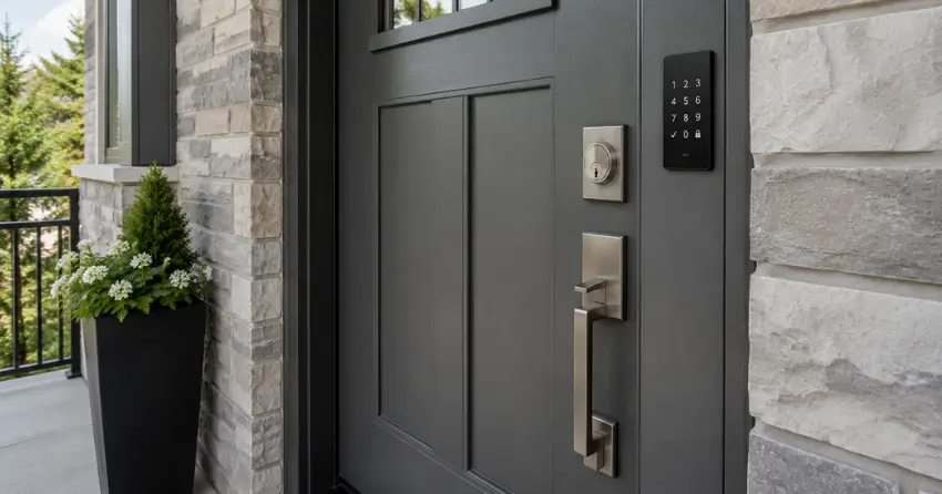 High-security door hardware and access control keypad installed on a residential entry door in Collingwood