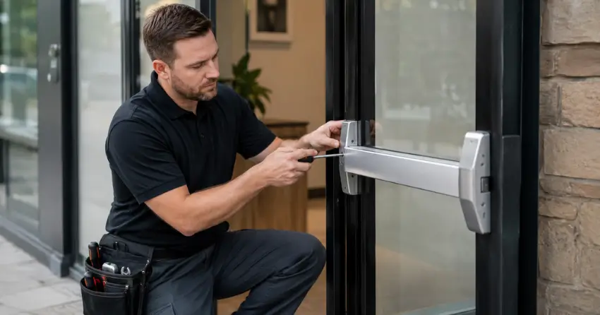 commercial locksmith repairing exit device on storefront door Collingwood