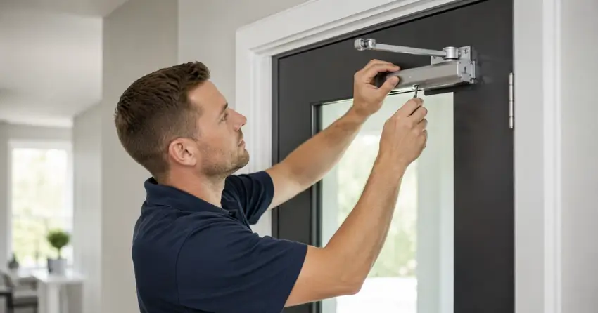 technician adjusting door closer hydraulic valve in Collingwood home