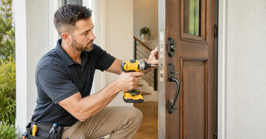 locksmith installing new deadbolt lock on front door in Collingwood