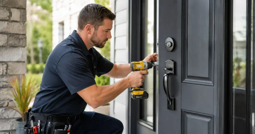 locksmith installing deadbolt lock on exterior door in Collingwood