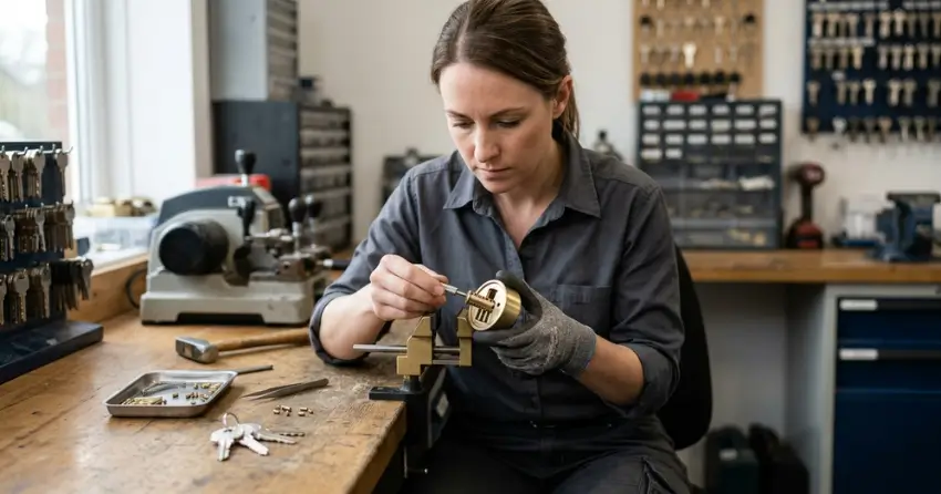 locksmith technician rekeying a deadbolt in Collingwood