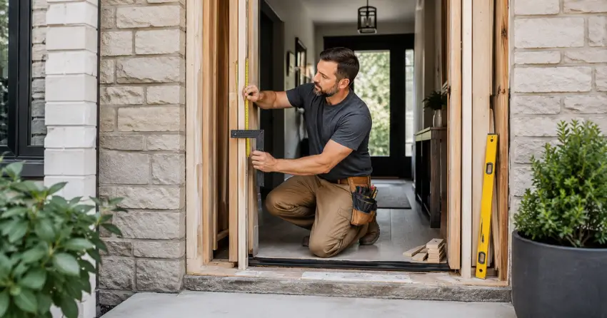 exterior door installer assessing rough opening in Lockhart Meadows, Collingwood