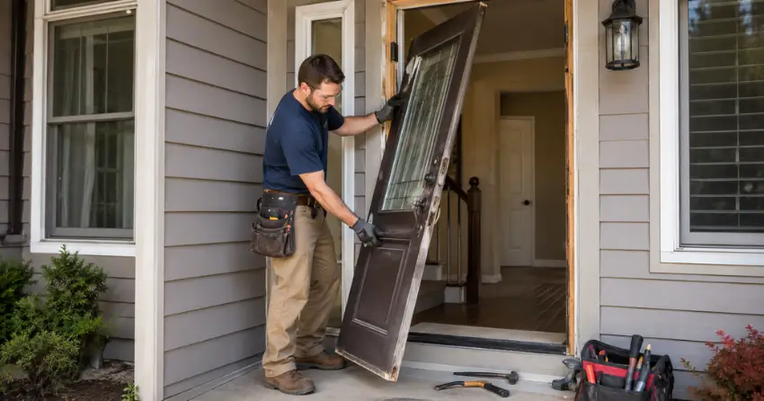 old exterior door being removed for replacement in Blue Shores, Collingwood