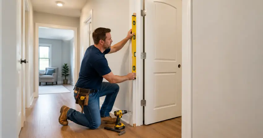 technician installing a pre-hung interior door in a home hallway Rupert