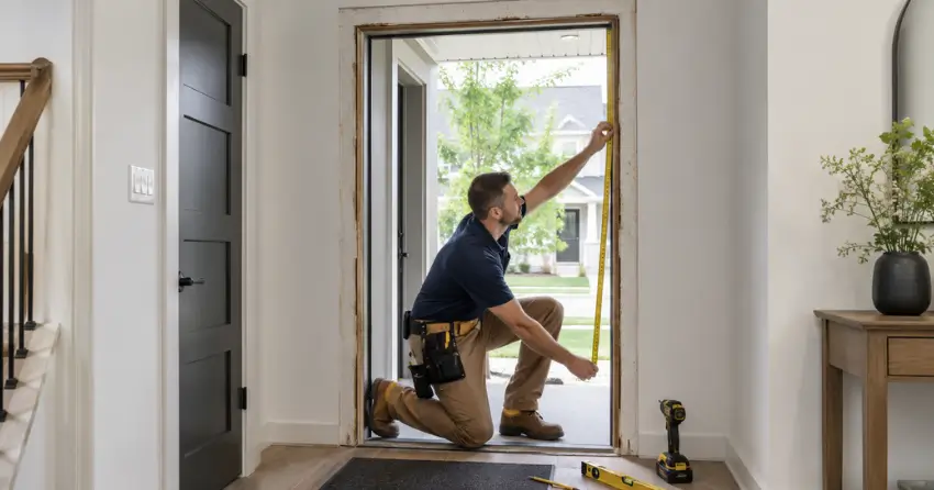 technician measuring a door frame before new door installation in Mountaincroft, Collingwood