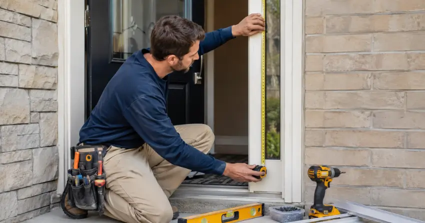 technician measuring door frame before storm door install in Collingwood