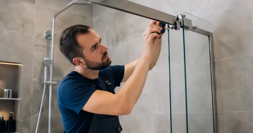 technician adjusting shower door hinge and track in Georgian Meadows, Collingwood