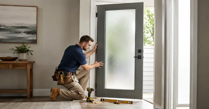 glass panel door installation with frosted privacy glass in residential setting in Blue Shores, Collingwood