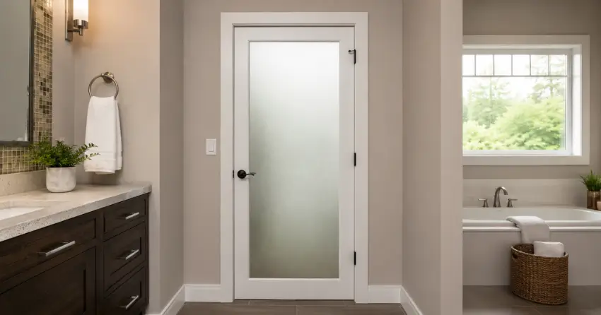 frosted glass panel bathroom door installed in a Pretty River Estates, Collingwood home