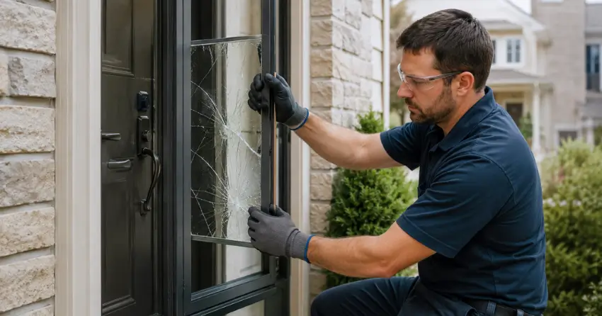 technician removing cracked storm door glass panel in Blue Shores, Collingwood