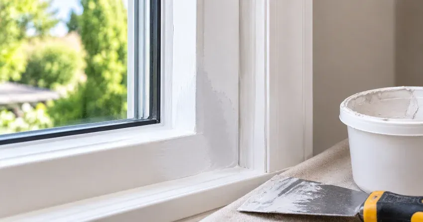 technician repairing rotted window frame corner in Collingwood