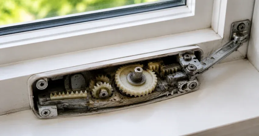 technician replacing casement window crank operator in Blue Shores, Collingwood home