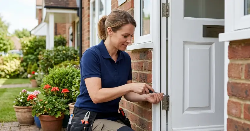 technician repairing exterior door hinge and frame in Collingwood