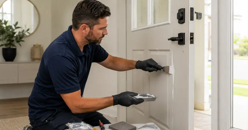 technician repairing fiberglass door surface crack in Lockhart Meadows, Collingwood