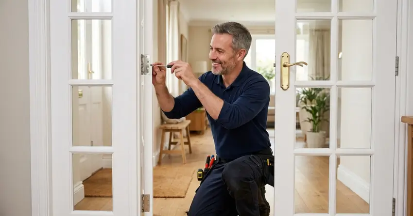 technician adjusting French door hinge for proper alignment in Rupert