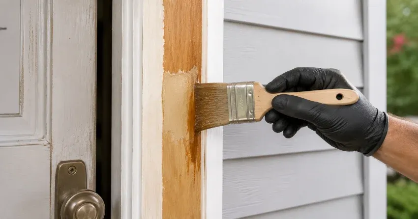 technician probing rotted wood on a door frame in Georgian Meadows, Collingwood
