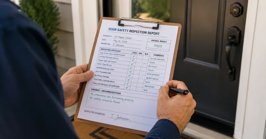 inspector checking strike plate and door frame during safety inspection in Blue Shores, Collingwood