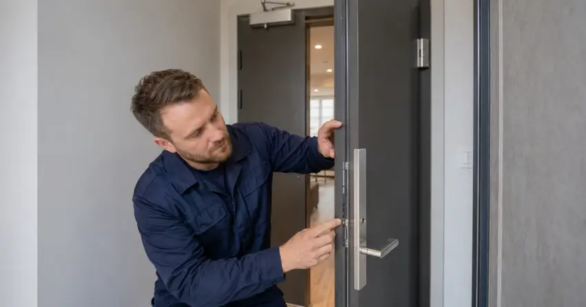 technician inspecting fire-rated door seal and hardware in Pretty River Estates, Collingwood