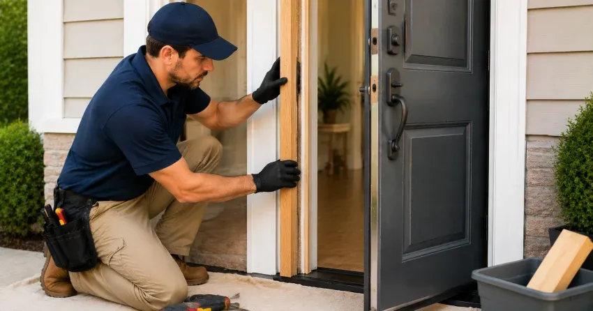 technician inspecting damaged door frame corner in Rupert