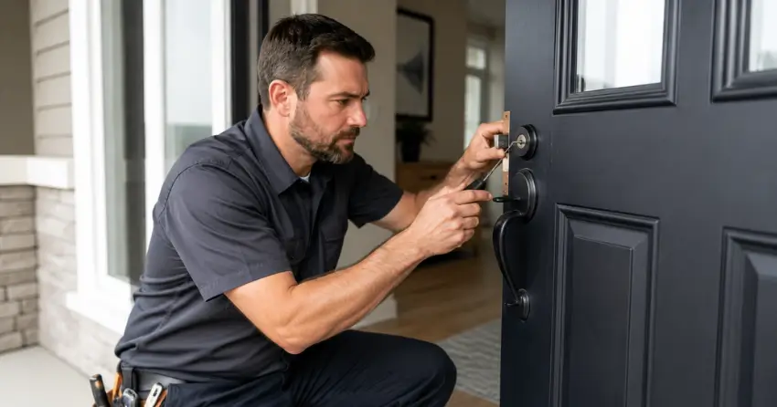 licensed locksmith technician working on residential deadbolt in Collingwood