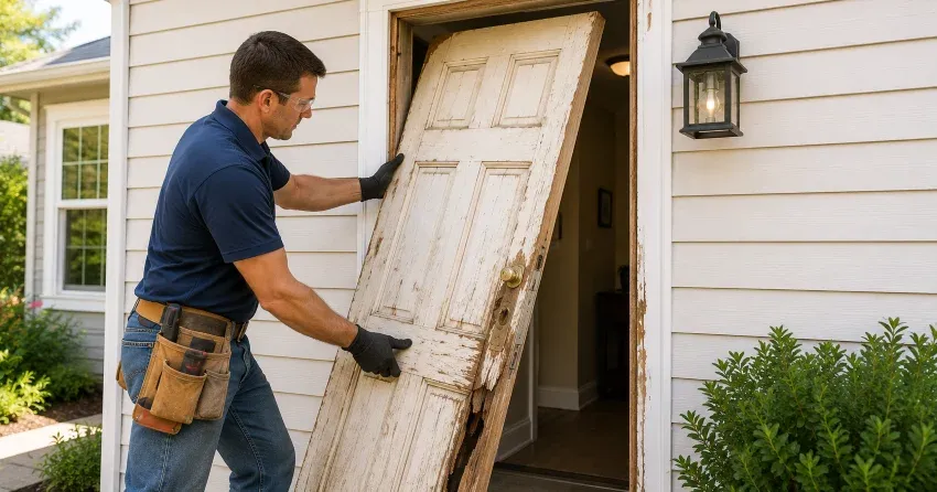warped exterior door frame showing weather damage in Blue Shores, Collingwood