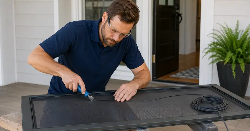 technician replacing screen door mesh and spline in Collingwood